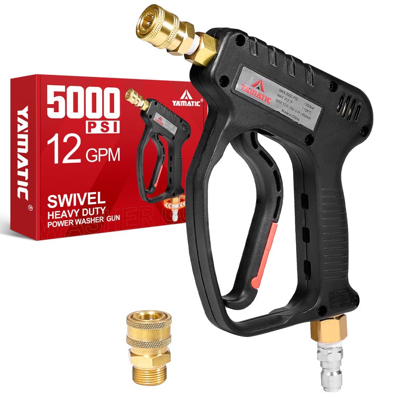 YAMATIC Short Pressure Washer Gun with Swivel, 5000 PSI Power Washer Wand Stubby Trigger Handle with 3/8" Plug & M22-14mm Male Inlet, 1/4" Quick Connect Outlet for Foam Cannon Car Wash - Image 1